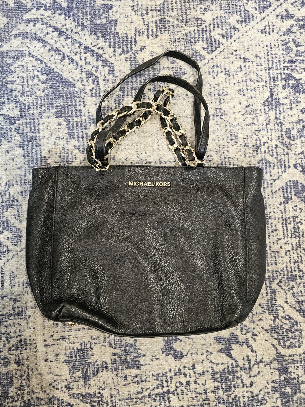 Michael Kors Black Pebbled Leather Tote with Gold Chain-Strap Accents